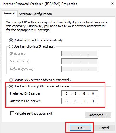 enter preferred DNS server & alternate DNS server